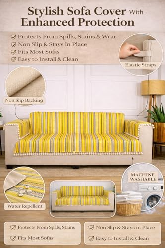 Image of Gifts Island 3 Seater Cotton Sofa Cover Mat | Anti Slip Sofa Cover Throw | All Over Furniture Protector with Elastic Straps | Washable Couch Cover for Living Room (Yellow, 3 Seater)