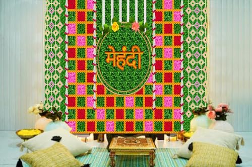 Image of DARSHANAM WORLD Wedding Decorative Cloth for Haldi & Mehndi Ceremony, Photoshoot, Haldi Background Enhancer for Mehndi Ceremony (8x5 ft, 3D Printed Backdrop with Floral & Logo Design) (Green & RED)