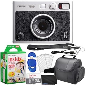 Câmera híbrida Fujifilm Mini EVO de filme instantâneo (preto) (16745183), kit melhor com 20 folhas de filme instantâneo + 32 GB de memória + leitor de cartão de memória, capa + pano de microfibra +