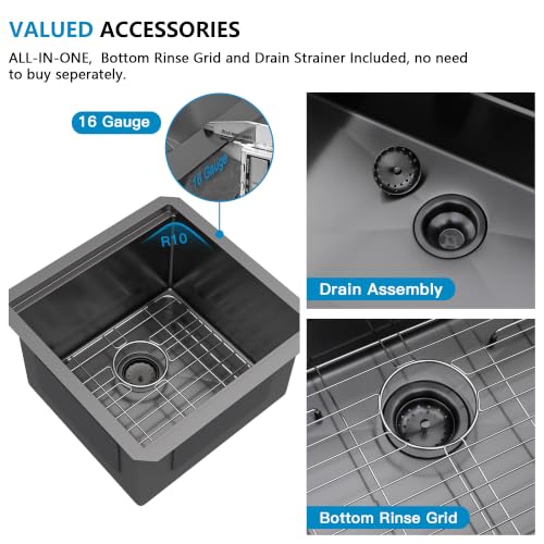 Image of 17 inchx17 inch Black Bar Prep Sink Undermount Workstation | Gunmetal Black NANO-PVD 16 Gauge T304 Stainless Steel Single Bowl Under Counter Basin for RV Kitchen Wet Bar Prep Station