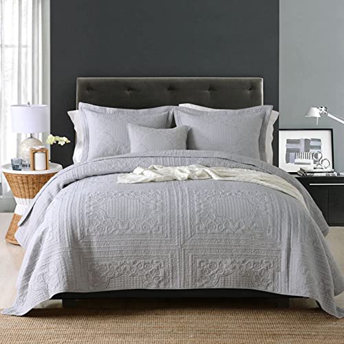 KISKIS Colcha acolchada, Frazada, Cubrecamas, Cobijas, suave, ligera, de doble cara, reversible, con 2 fundas de almohada, gris, King 250 x 270 cm