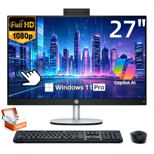 Image of HP 27 inch All-in-One Desktop Computer, Copilot+ PC AMD Ryzen AI 7 350, Full HD IPS LCD Display Touch-Screen, 32GB DDR5 RAM, 1TB SSD, Windows 11 Pro, Wi-Fi 7, BT6 Adjustable Height, Keyboard & Mouse