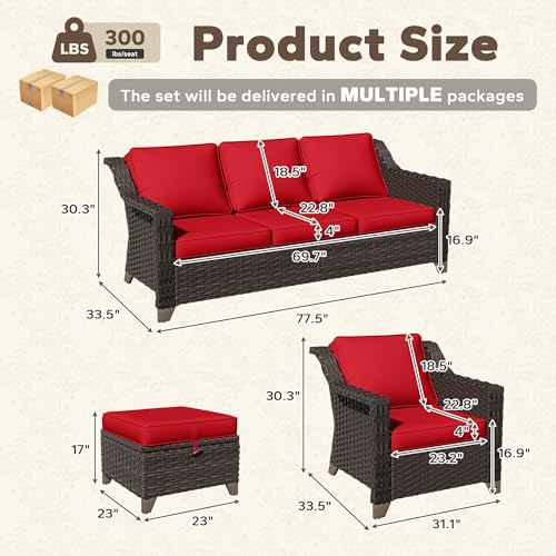Image of 6 Piece Patio Furniture Set, Wicker Outdoor Conversation Set | Patio Chair Set with Olefin Removable Cushion, All-Weather Outdoor Couch with Deep Seat for Porch, Deck and Backyard, Red