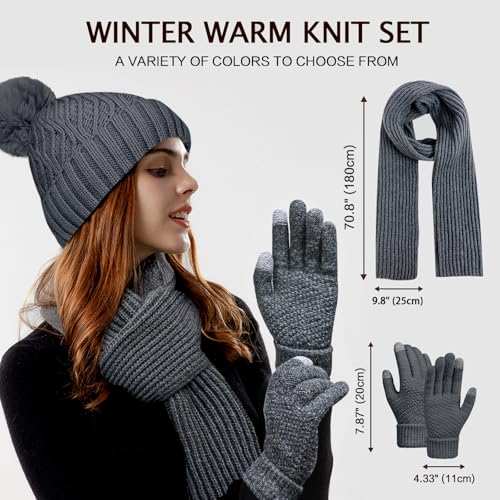 Winter Knit Beanie Hat Scarf Gloves Set for Women, Fleece Lined Hat Long Scarf Neck Touchscreen Gloves Warmer Set3