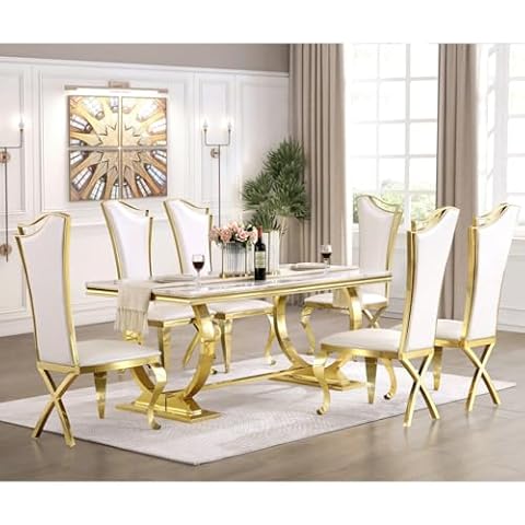 Anewsun Luxury Dining Table Set for 6, White and Gold Dining Room Set with Chairs, 7 Pieces Dining Set with U-Base Dining Table and 6 White Leather Upholstered Dining Chairs Cover