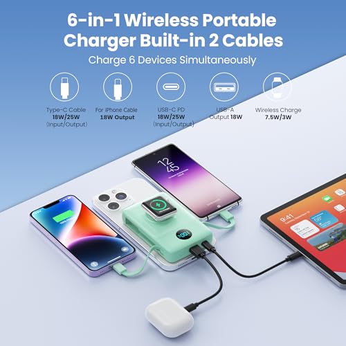 Image of 6 in 1 Magnetic Portable Charger for iPhone with Built-in Cables, 10800mAh 25W PD Fast Charging Power Bank, 6 Outputs LCD Display Travel Essential Battery Pack for iPhone 17 /16 /15 /14 /13 /12 (Green)