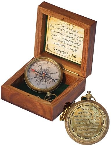 mit Gravur Trust in The Lord with All Your Heart, Sprichwörter 3: 5–6, mit Holzbox, Camping-Kompass, Geschenkkompass, Abschlussgeschenk, Kompass für Damen, Herren, Jungen, Mädchen