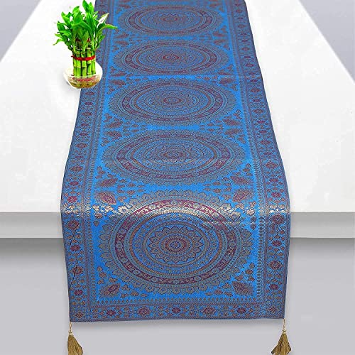Image of Diwali Decor Brocade Jacquard Silk Table Runner Long Runner for Dinning & Centre Table Mandala Print 72 x 16 Inches (Turquoise)