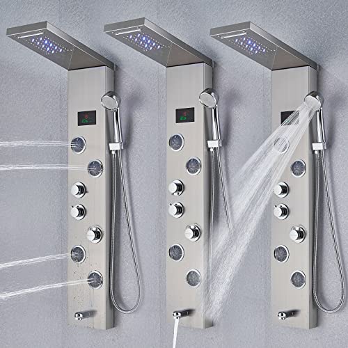Panel de ducha tipo torre con lluvia LED, acero inoxidable, masaje con jets de cuerpo y efecto cascada miniatura 6