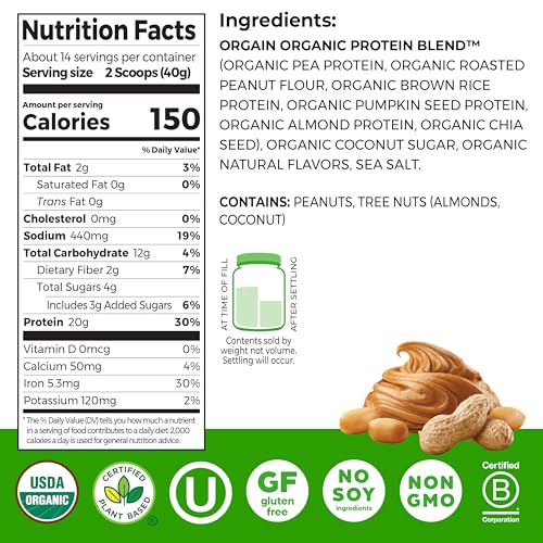Image of Orgain Organic Simple Vegan Protein Powder, Peanut Butter - 20g Plant Based Protein, With less Ingredients, No Artificial Sweeteners, Gluten Free, No Dairy or Lactose, 1.25 lb (Packaging May Vary)