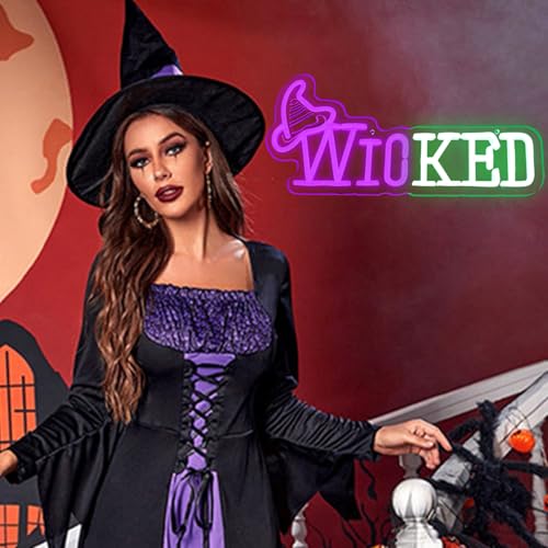 Image of Witch Theme Neon Sign for Wall Decor, Witch Horror Neon Light with Dimmer Switch for Business, LED Neon Lights for Bedroom Decor, LED Neon Sign Wall Art Neon Light for Halloween Party, Witch Fans Gift(Pink & Green)