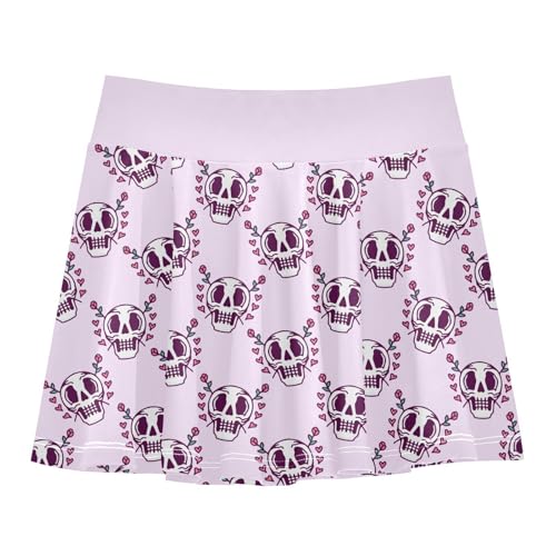 Girls Tennis Skirt Gothic Skeleton Rose with Shorts and Pockets for Golf Running School Athletic Skorts M