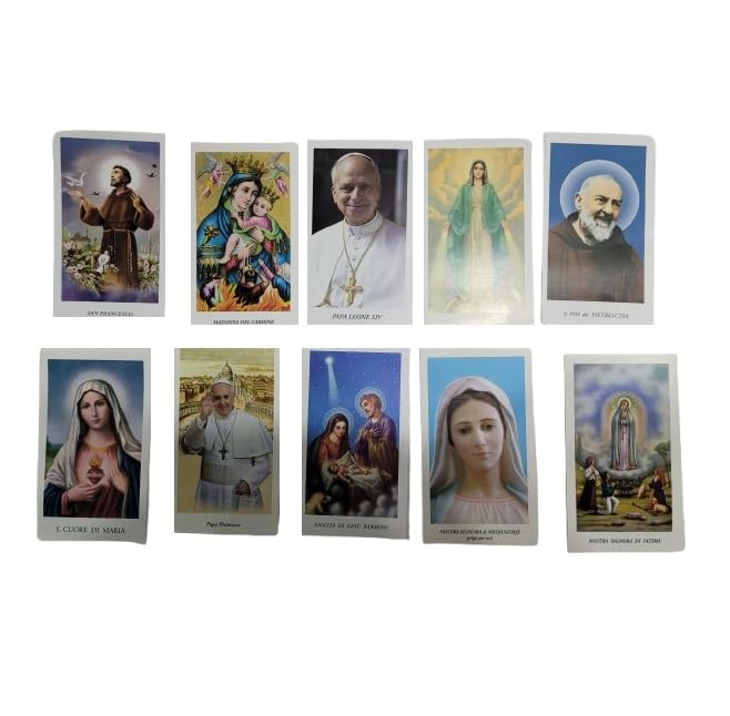 artigianale Ricevi 10 Santini Religiosi 10 x 6 cm con Dietro: Padre Pio Preghiera Papa Francesco Giovanni Wojtyla Madonna col Bambino Gesu' Fatima Medjugorje Lacrime E Altri in Foto e un Portachiavi omaggio