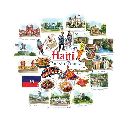 Navy Peony Autocollants de Voyage Légendaires d'Haïti (28 pcs) – Illustrations à la Main, Thème Caraïbes et Haïti pour Journaux, Albums, Bagages