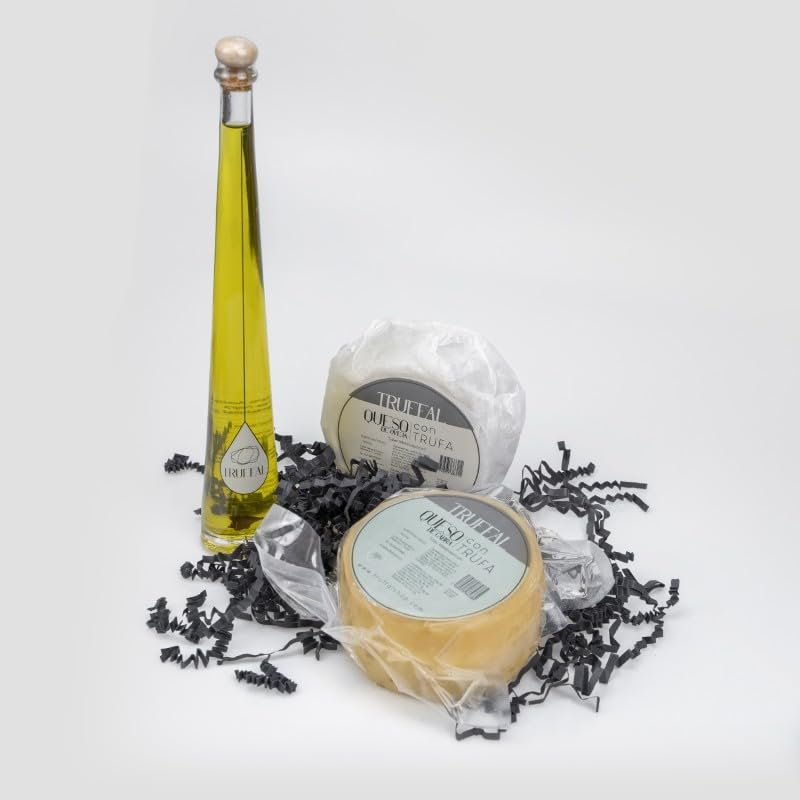 Lote de productos con Trufa Negra, Tuber Melanosporum, " Adictos al queso", incluye Queso de oveja con Trufa Negra, Queso de cabra con Trufa Negra y Condimento de Aceite de Oliva Virgen con Trufa.