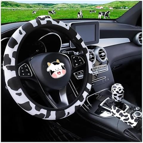 SuperKaKa 3PCS Cow Print Steering Wheel Cover,Auto Cute Slip-Proof Breathable Cow-Pattern Shift Gear & Hand Brake Covers Universal Car Interior Accessories for Women Men (Black) Cover