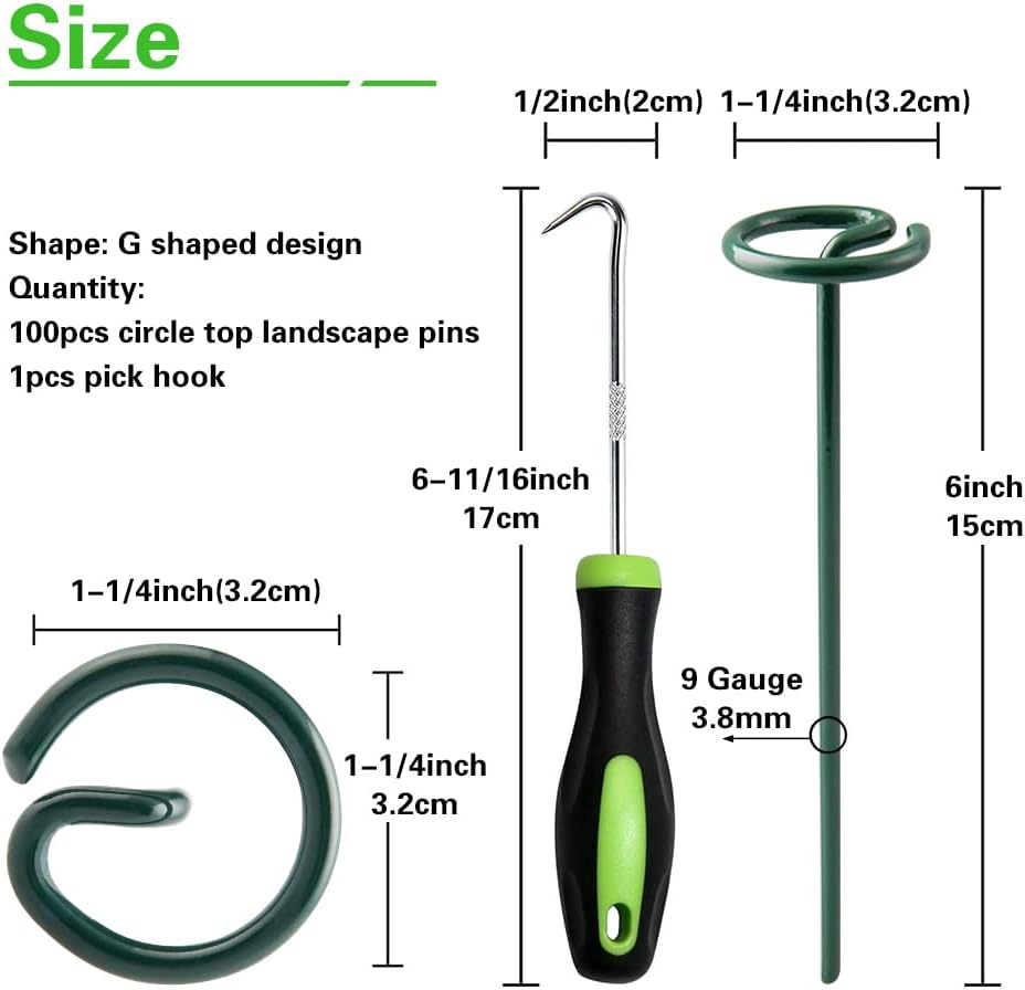 Bakulyor 100Pcs Circle Top Landscape Staples, 6 Inch Green Artificial Turf Stakes, 9 Gauge Landscape Fabric Pins, Heavy Duty Yard Lawn Spikes for Outdoor Soil Gardening Weed Barrier Sod Fabric - 6"