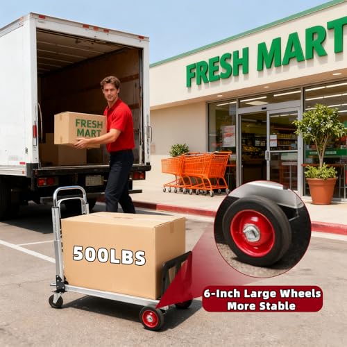 Aluminum 3-in-1 Folding Hand Truck, 500Lbs Heavy Duty Dolly Cart with 2 Large 6-Inch Quiet Rubber Wheels, 2 360° Swivel Wheels, 2 Bungee Cords, Portable Dolly for Home, Office, Warehouse, Packages