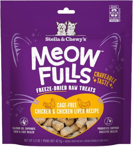 Image of Stella & Chewy's Meowfulls Freeze Dried Cat Treats - Chicken & Chicken Liver Recipe - Raw Protein with Probiotics & Salmon Oil - 1 Calorie Per Treat - 1.5 Ounce (Pack of 10)