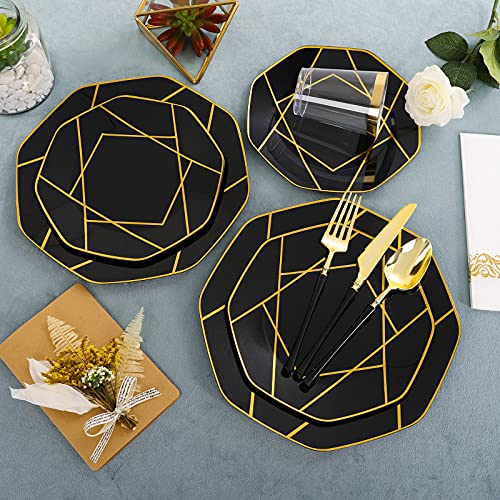 Kire 20 Guests Black Plastic Plates With Gold Rim & Gold Disposable Plastic Silverware With Black Handle&Clear Gold Cups&Hand Napkin- Geometric Black Plastic Dinnerware For Wedding &Parties #TOP4