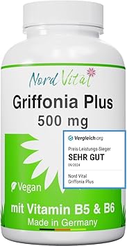 Nord Vital Griffonia Plus - 500 mg Griffoniasamen mit natürlichem 5-HTP - Vitamine B5 und B6 - deutsche Produktion - Vegan