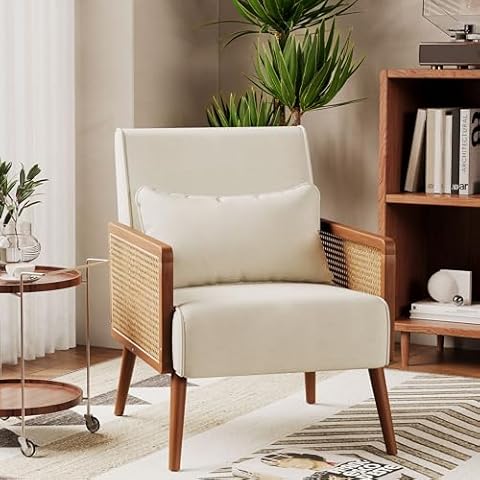 POINTANT Mid Century Accent Chair, Wooden Upholstered Leisure Armchair with Rattan Armrest, Modern Comfy Reading Accent Chair, for Living Room Bedroom Lounge Side Boho Club Chair, Beige Cover