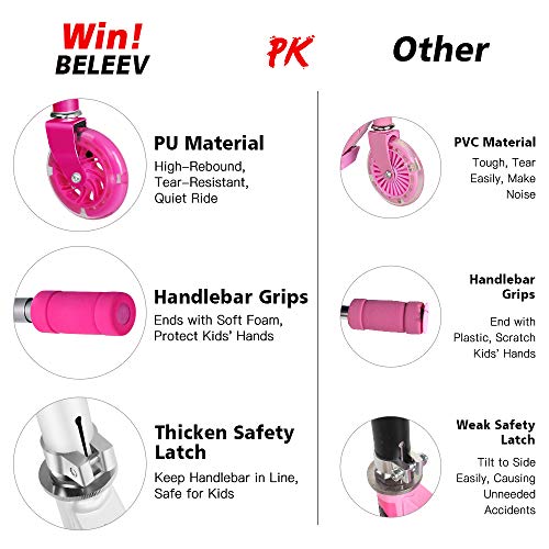 BELEEV V1 Kids Scooters for Girls, 2 Wheel Folding Kick Scooter with Light Up Wheels, 3 Adjustable Height, Lightweight Scooter with Kickstand for Children Ages 3-12 (Hot Pink) - image 7