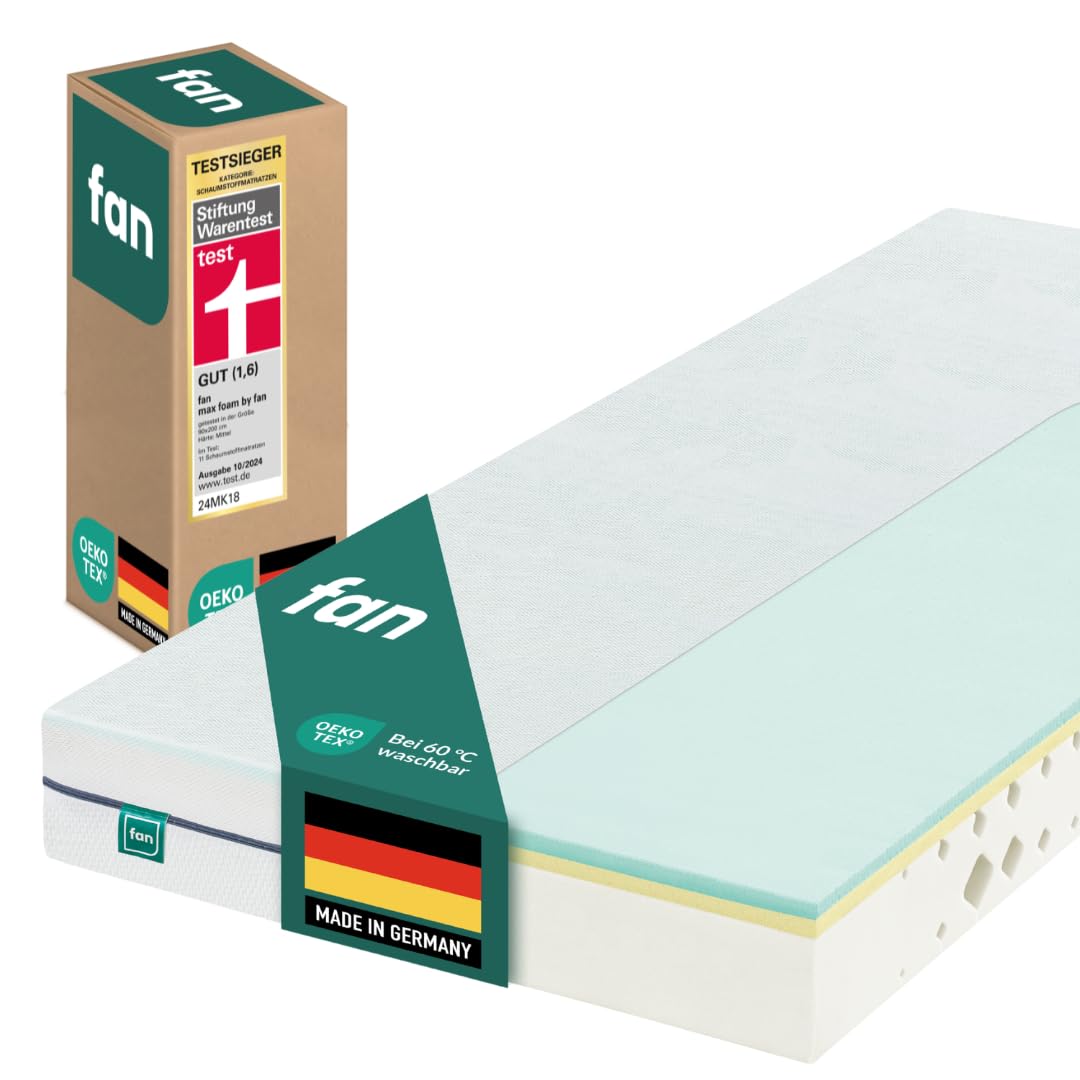 fan max Foam Komfortschaum Matratze TESTSIEGER Stiftung Warentest - 90 x 200 cm - mittel bis fest, Mehrzonen-Komfortschaumkern, Bezug waschbar bis 60 °C, Made in Germany, 10 Jahre Herstellergarantie