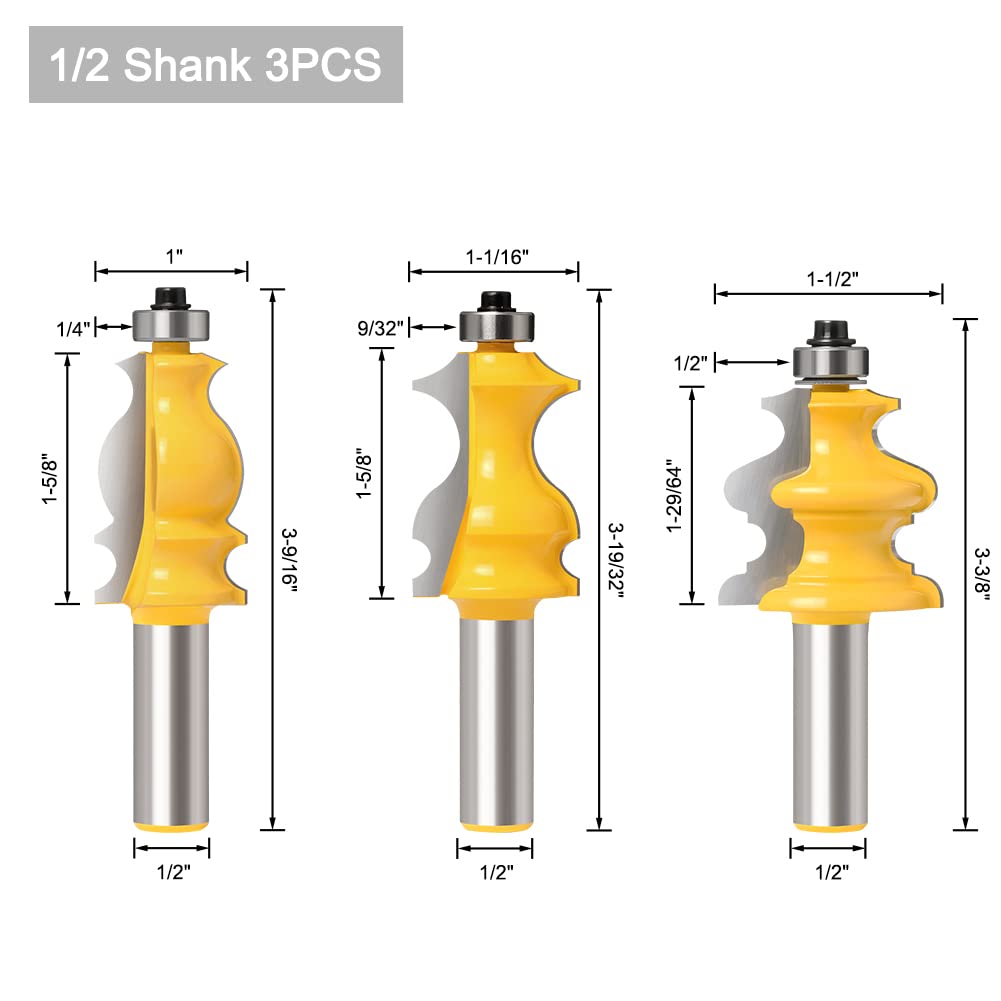 PYouo-Best Router bit 12 mm 0,5 cala trzpień specjalna poręcz do formowania drewna frez do drewna frez do obrabiarek do drewna trwałe produkty (długość krawędzi tnącej: 3 szt. trzpień 1,3 cm)