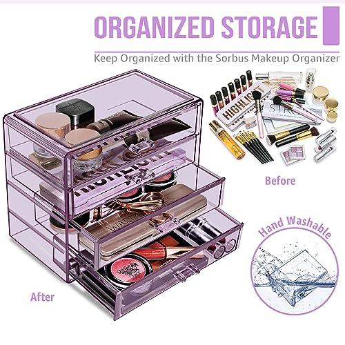 Image of Sorbus Acrylic Cosmetics Makeup and Jewelry Storage Case Display- 4 Large Drawers Space- Saving, Stylish Acrylic Bathroom Case Great for Lipstick, Nail Polish, Brushes, Jewelry and More (Purple)