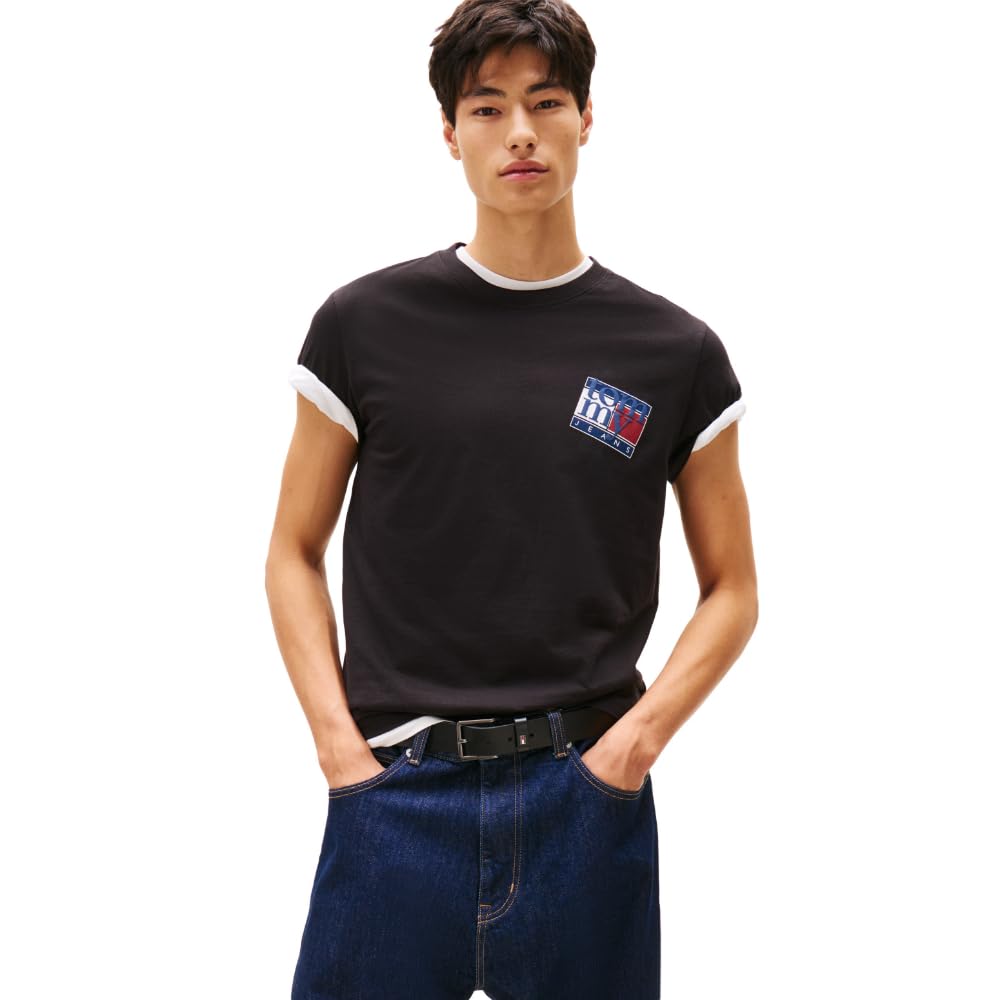 Tommy Jeans Camiseta de algodón de Manga Corta para Hombre con Bandera Impresa y Logotipo gráfico