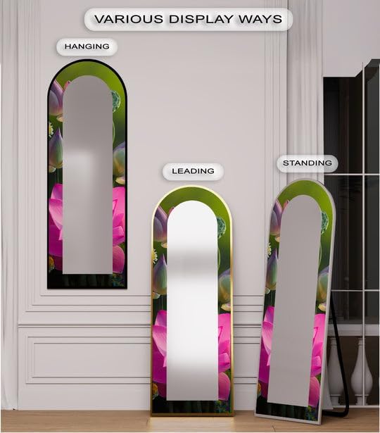 23,5’’W x 67’’H Sacred Bloom – Pink Lotus Botanical Floor Mirror Arched Full Lenght Mirror - Arch Full Body Stained Floor Mirror with Black Frame with Gold Frame