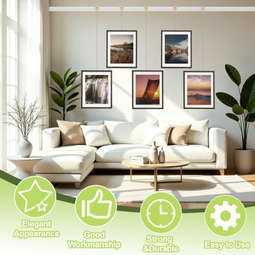 Image of Picture Hanging Kit - 10Pcs Frame Rail Hooks with 10Pcs Chains, Art Display Hanging System in Two Sizes for Wall Picture, Exhibition(Gold, 30CM & 60CM)