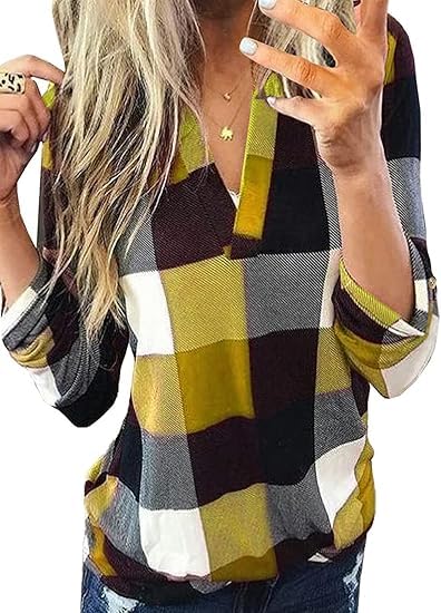 Cuptacc Herbst Outfit Damen Kariertes Lässig Hemd Klassischer Schnitt Langarm Plaid Tshirt Gelb Mittel M 38-40