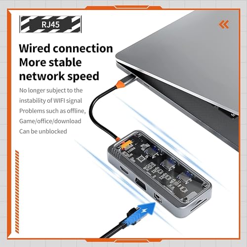 Image of USB HUB USB C Hub 10 in 1 Type C Hub with Ethernet,4K USB C to HDMI,VGA,PD Power Delivery, 3 USB 3.0 Ports, USB C to 3.5mm, SD /TF Cards Reader for All Devices (USB C to 10 in 1 Transparent HUB)