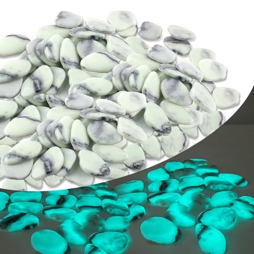 4.5LB Glow in The Dark Glass Pebbles, Blue Green Luminous Stones for Garden Pathway, Walkway & Outdoor Yard Decor (Non-Plastic, Long Lasting Glow)