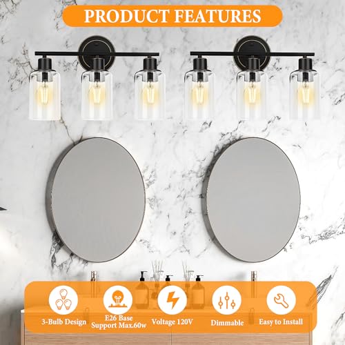 Image of Oil Rubbed Bronze 3-Light Bathroom Vanity Light Fixture Over Mirror, 3-Light Oil Rubbed Bronze Vanity Lights for Bathroom Three Bulb Wall Sconce Over Sink
