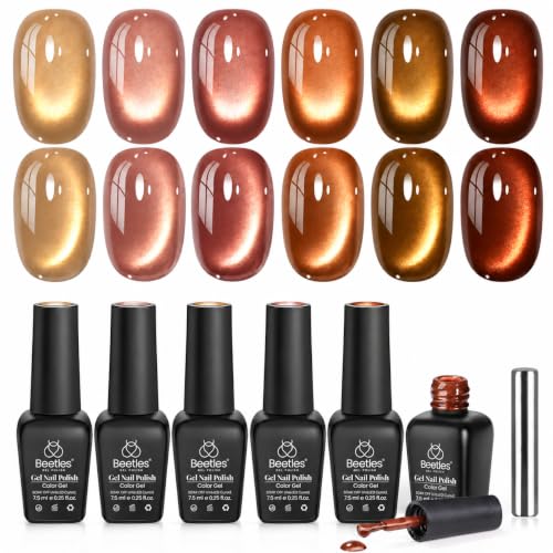 Beetles Fall Cat Eye Gel Nail Polish Set, Gilded Leaves 6 Colors Gel Polish