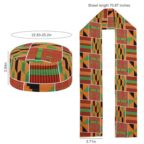 BAOZOON 2 Pcs African Kente Pattern Kufi Hat and Kente African Print Stole Sash Shawl for Black African History Men Women Kid2