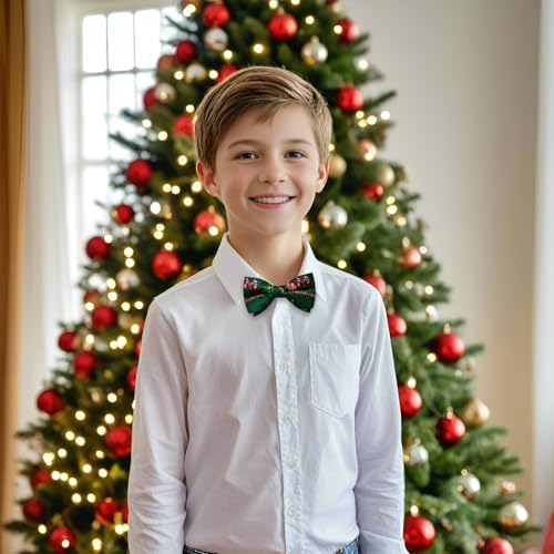 DiBanGu Boys Christmas Bowtie Set Silk Xmas Holiday Pre-tied Bowtie and pocket Square for Kids Festive Bow Tie with Gift Box4