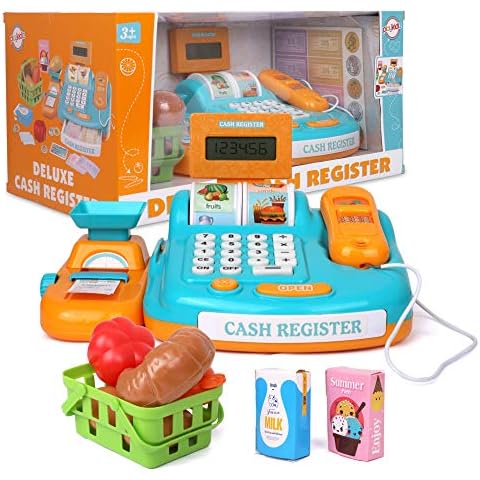 Playkidz Interactive Toy Cash Register for Kids - Sounds & Early Learning Play - Handheld Scanner & Calculator, Working Conveyor Belt Cover