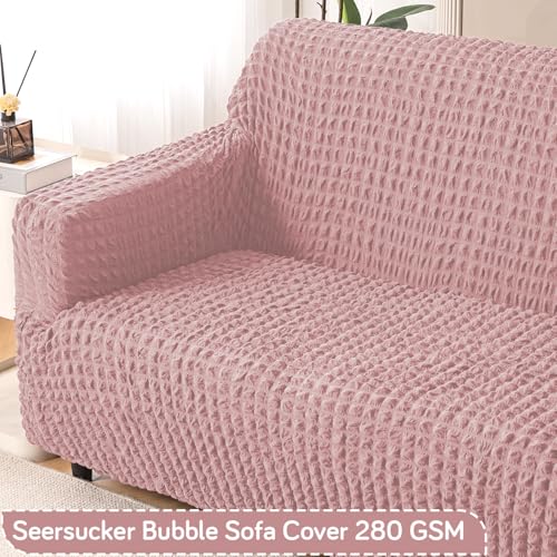 Image of HOKIPO 'Aria Nova' 280 GSM Elastic 2 Seater Bubble Sofa Cover Stretchable Slipcover, Tea Rose Pink (AR-6209-PNK)
