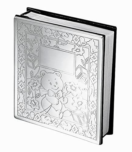 Accenti 24408E Personalized Baby Album, Silverplate Engraved Album, 6.5 Inch X 6 Inch Baby Bear Themed Photo Album cover