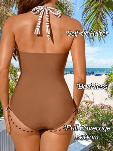 Women's Halter Tummy Control Swimsuit, Modest V-Neck Slimming Color Block, One Piece Summer Vacation Bathing Suit3