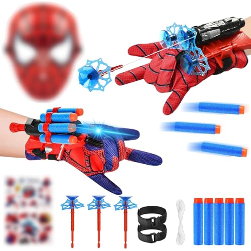 NHYDZSZ 2 Jogos de luvas de lançador, lançar teias de aranha Spiderm, luvas Spiderm lançar teias de aranha, brinquedos Spiderm crianças com máscara e dardos luvas, para crianças brinquedos educativos