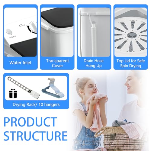 Image of DOGHLY Portable Washing Machine, 18lbs Twin Tub (11+7lbs Washer /Spinner) with 10 Hangers and Drying Rack, for Powerful Stain Removal, Semi-Automatic Compact Washer for Dorms, Apartments, RVs(Black)
