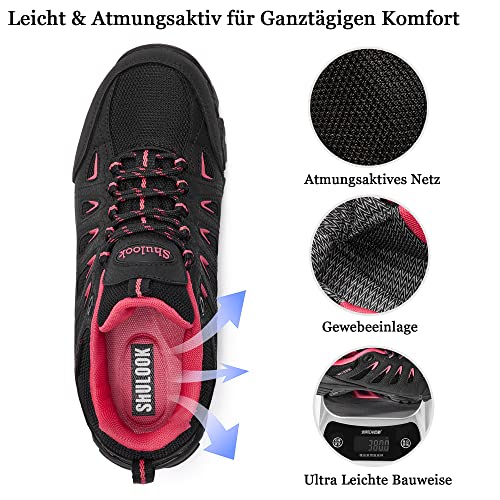 SHULOOK Wanderschuhe Damen Wasserdicht Leicht Trekkingschuhe Damen rutschfeste Bergschuhe Outdoor Schuhe für Camping,Hiking,Angeln (Schwarz Rot EU 39)