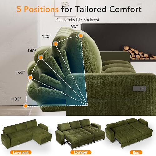 Image of Vipbear 81 inch Sectional Sleeper Sofa Bed with Pull Out Bed, L Shaped Couch Sleeper Sofa, Pull Out Couch with Reclining Backrest, Reversible Storage Chaise, USB Ports, Tool-Free Assembly, Green, Chenille