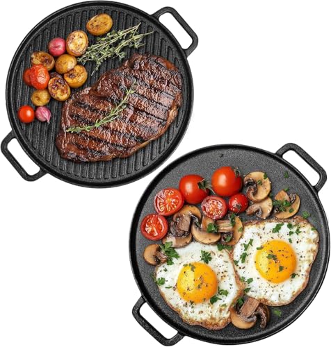 Double-Sided Cast Iron Griddle Pan Non-Stick Pre-Seasoned Cast Iron Skillet BBQ Grill Plate 30cm Non-Stick Griddle Pan with Handles for Gas Electric and Oven Safe Round