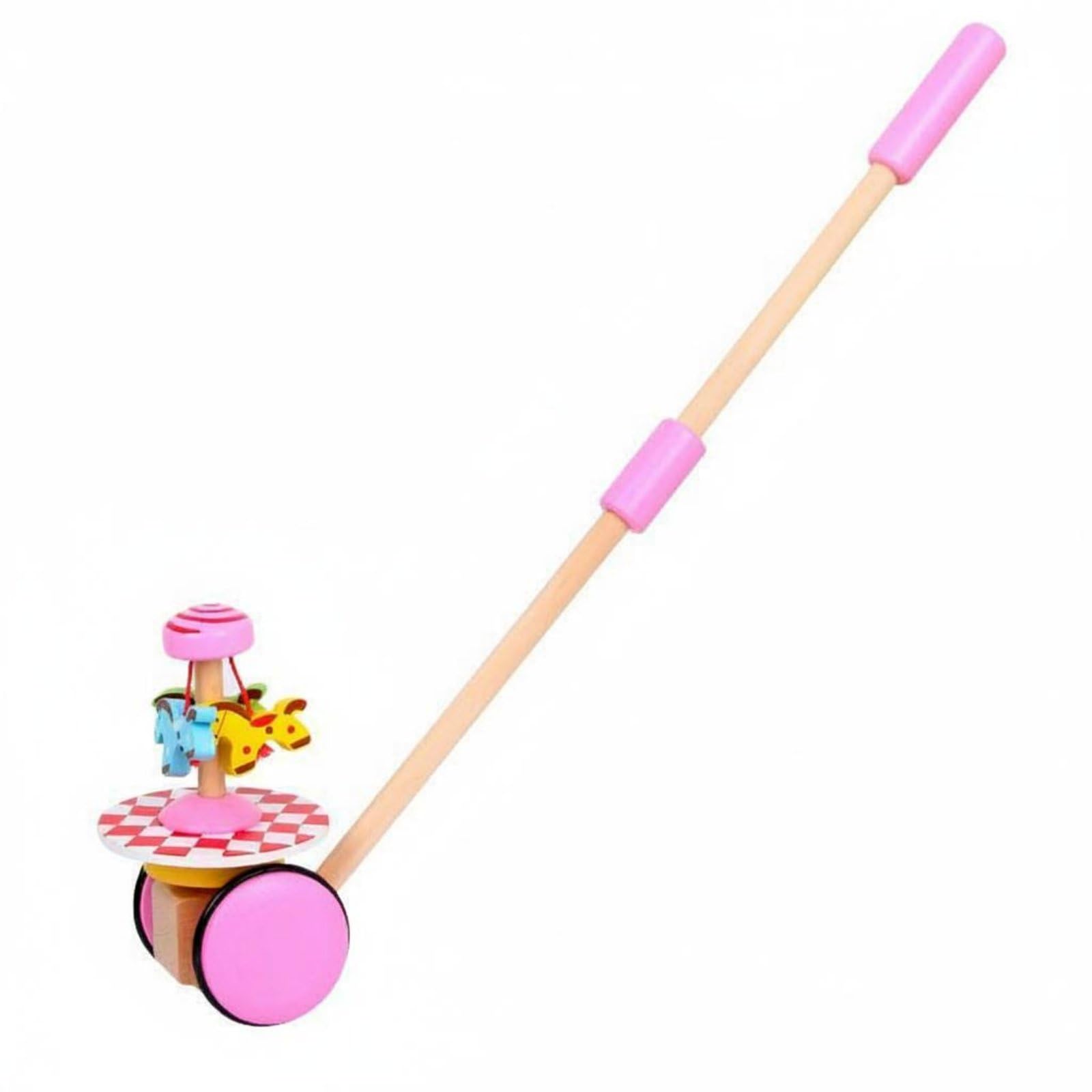 Encourages Walking Push and Pull Learning Toy Polished Edges Baby Learning Stroller Colorful Design Toddler Push Cart with Stick Paint for 1 Year Olds, Toddlers, Babies, Pink, Horse-image-2